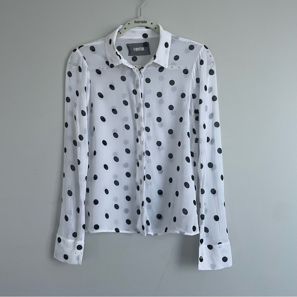 Reformation white/black polka dot button  down sheer shirt blouse. Size Small